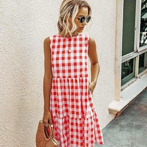 PRETTYGARDEN Women's Casual Plaid Sleeveless Ruffle Sundress Round Neck A-Line M